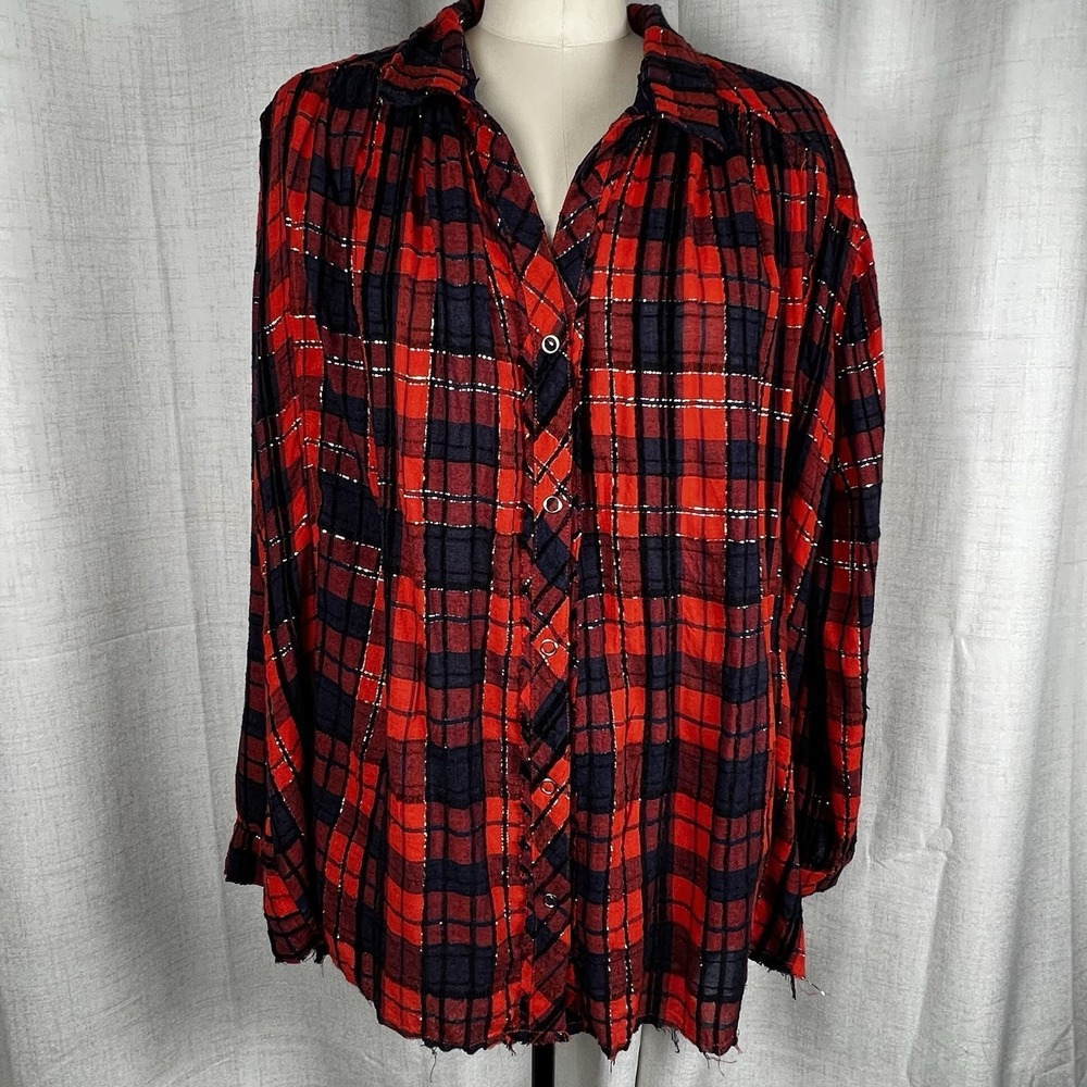 New! We The Free People Lela Red Plaid Tunic Snap UP Women's Sz Medium Metallic